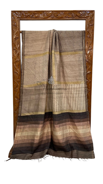 Pure Tussar Silk Handloom Banarasi Saree With Handprints