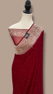 Maroon Pure Georgette Handloom Banarasi Saree with Handwork: Katdana, and Abla Detailing - The Handlooms