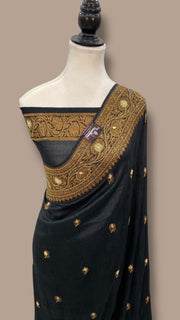 Pure Tussar Georgette Handloom Banarasi Saree with Handwork: Gota Patti, Zardozi, Diamond Chain, Katdana, and Abla Detailing - The Handlooms