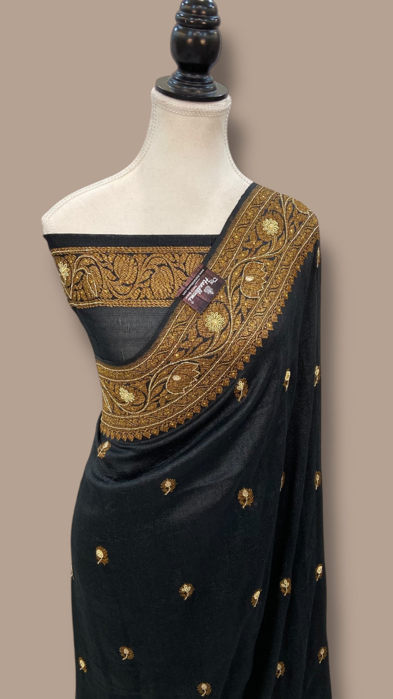 Pure Tussar Georgette Handloom Banarasi Saree with Handwork: Gota Patti, Zardozi, Diamond Chain, Katdana, and Abla Detailing - The Handlooms