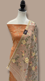 Pure Chanderi Cotton Banarasi Dress material - Chikankari With Organza Dupatta - The Handlooms
