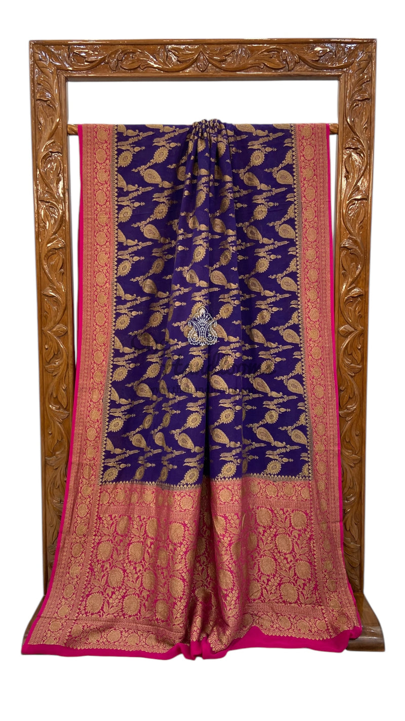 Khaddi Georgette Handloom Banarasi Saree - Antique Zari - The Handlooms