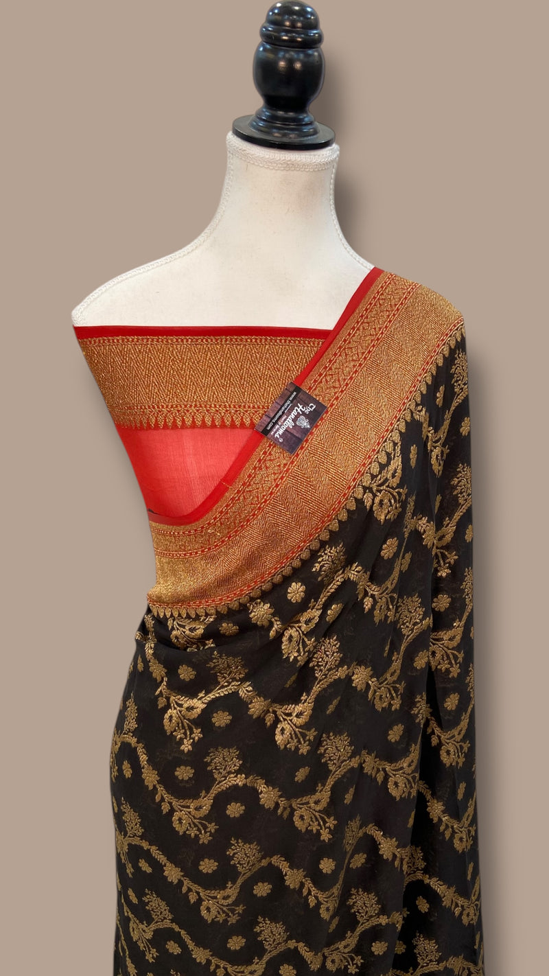 Khaddi Georgette Handloom Banarasi Saree - Antique Zari - The Handlooms