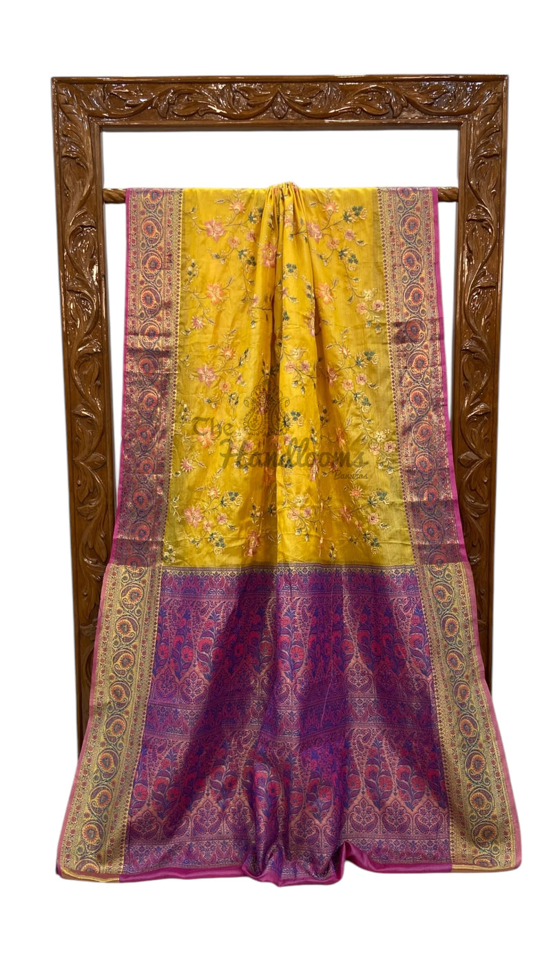 Yellow Pure Tussar Silk Handloom Banarasi Saree With Chikankari - The Handlooms