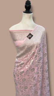 Pink Pure Khaddi Georgette Banarasi Saree With All Over Silver Zari Jaal Work - The Handlooms