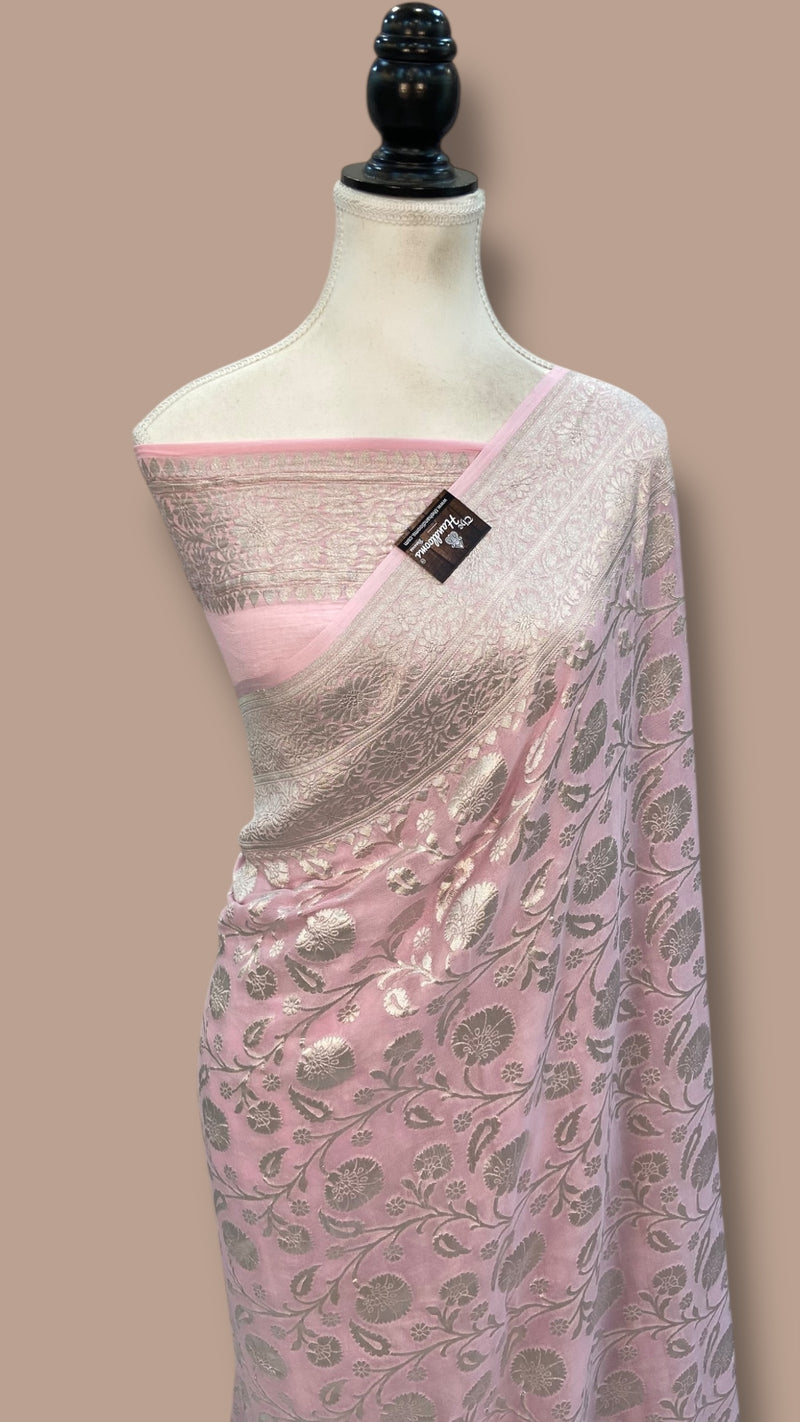 Pink Pure Khaddi Georgette Banarasi Saree With All Over Silver Zari Jaal Work - The Handlooms