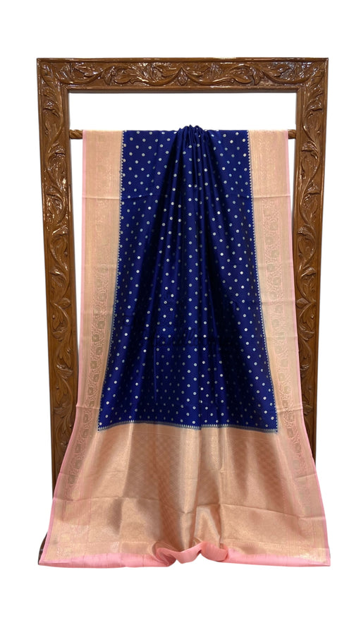 Royal Blue With  Soft Peach Pink Pure Chiniya Silk Khaddi Handloom Banarasi Saree - The Handlooms