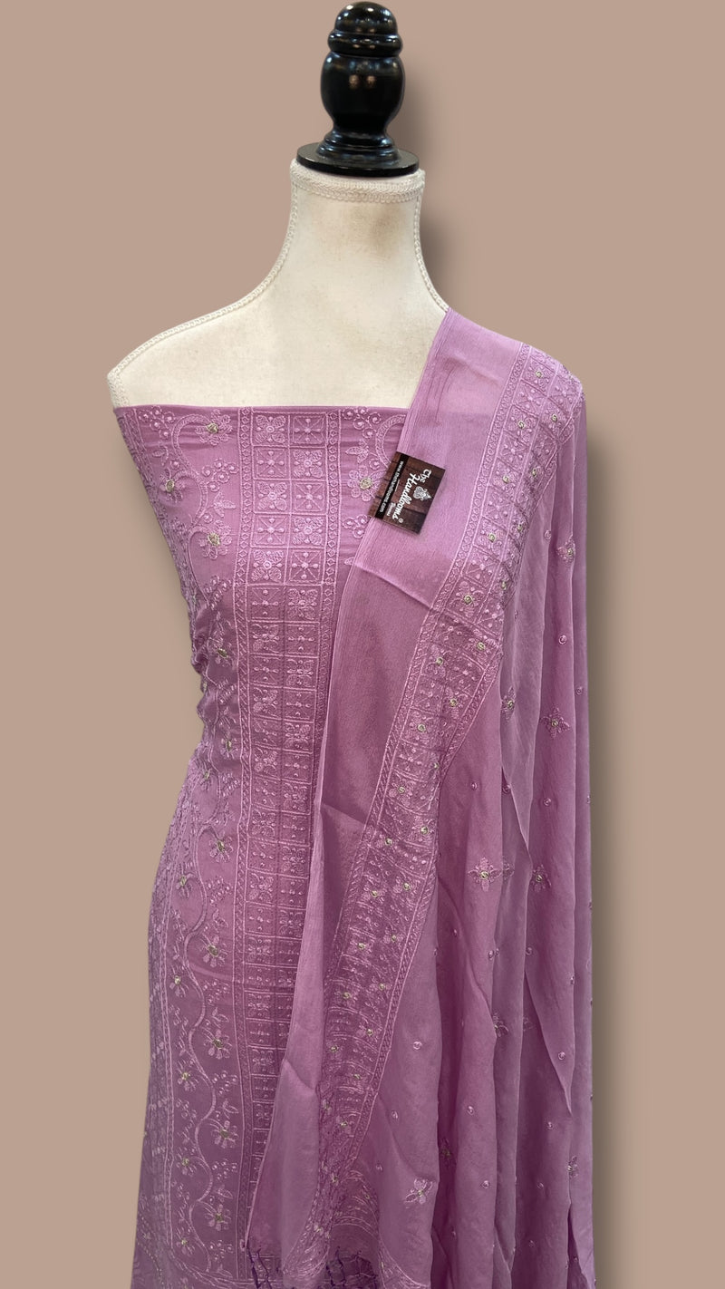 Pure Georgette Banarasi Chikankari Dress Material - The Handlooms