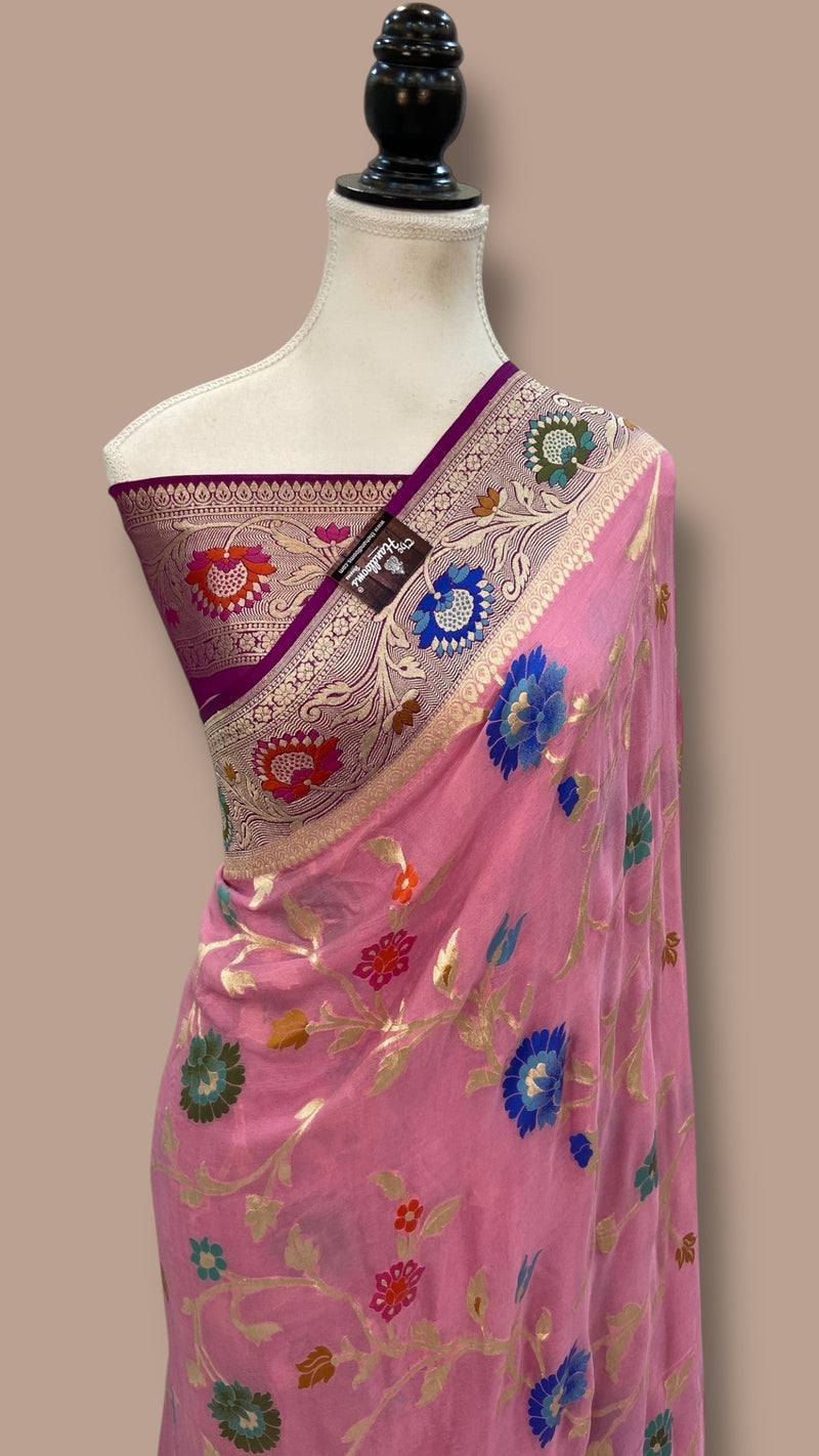 Pure Khaddi Georgette Handloom Banarasi Saree - All over Jaal Work With Meenakari - The Handlooms