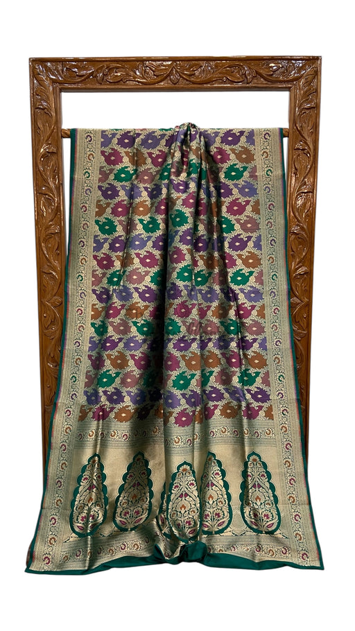 Multicolor Pure Katan Silk Banarasi Handloom Saree - All over Jaal Work With Rangkart - The Handlooms