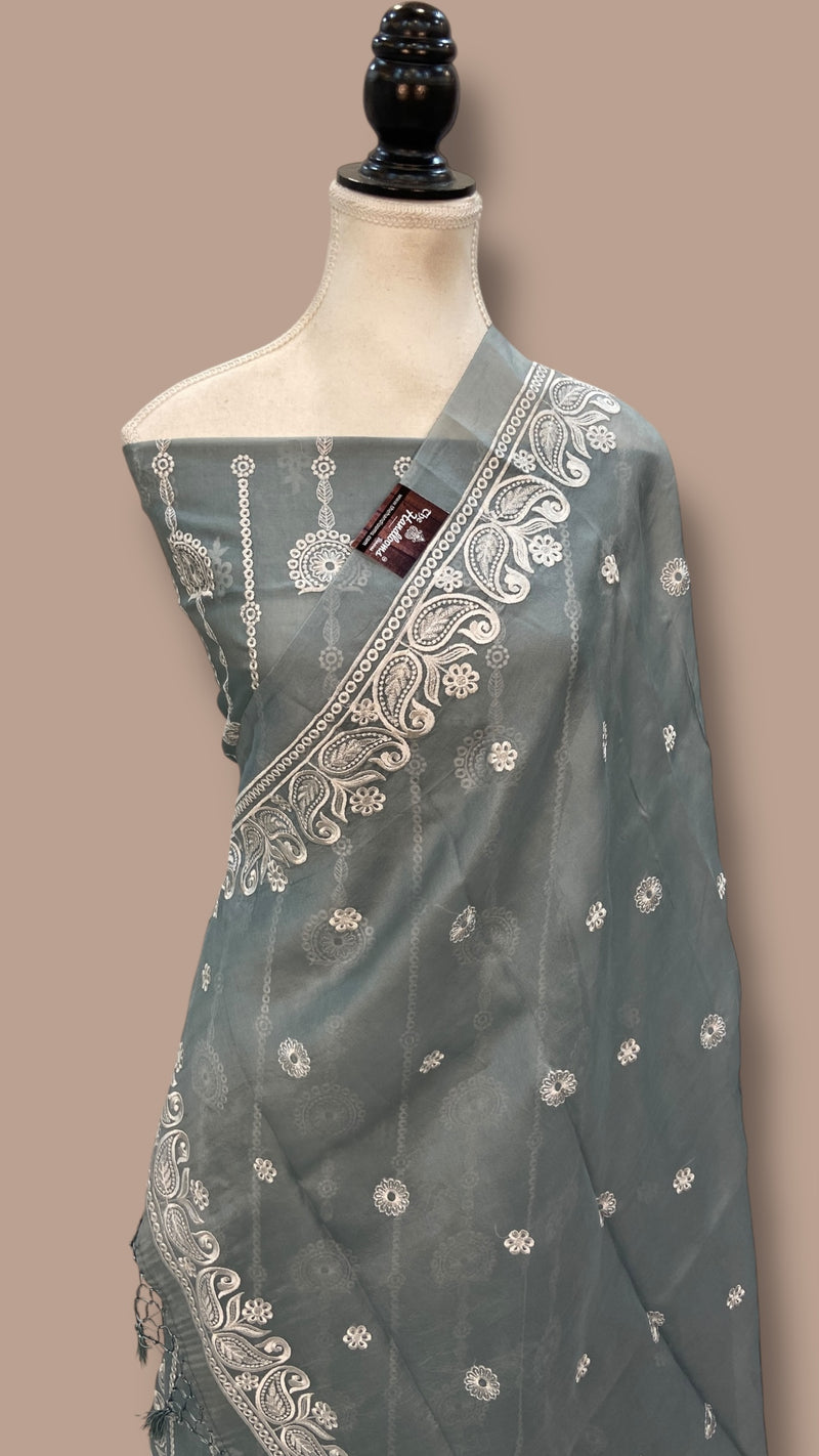 Pure Organza Chikankari Handloom Banarasi Dress Material - The Handlooms