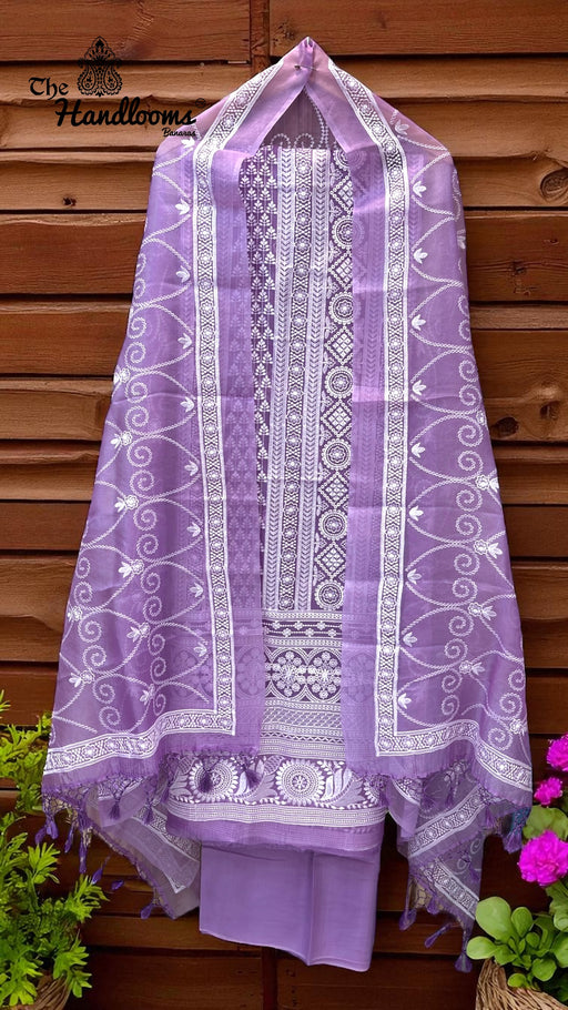 Pure Organza Chikankari Handloom Banarasi Dress Material - The Handlooms