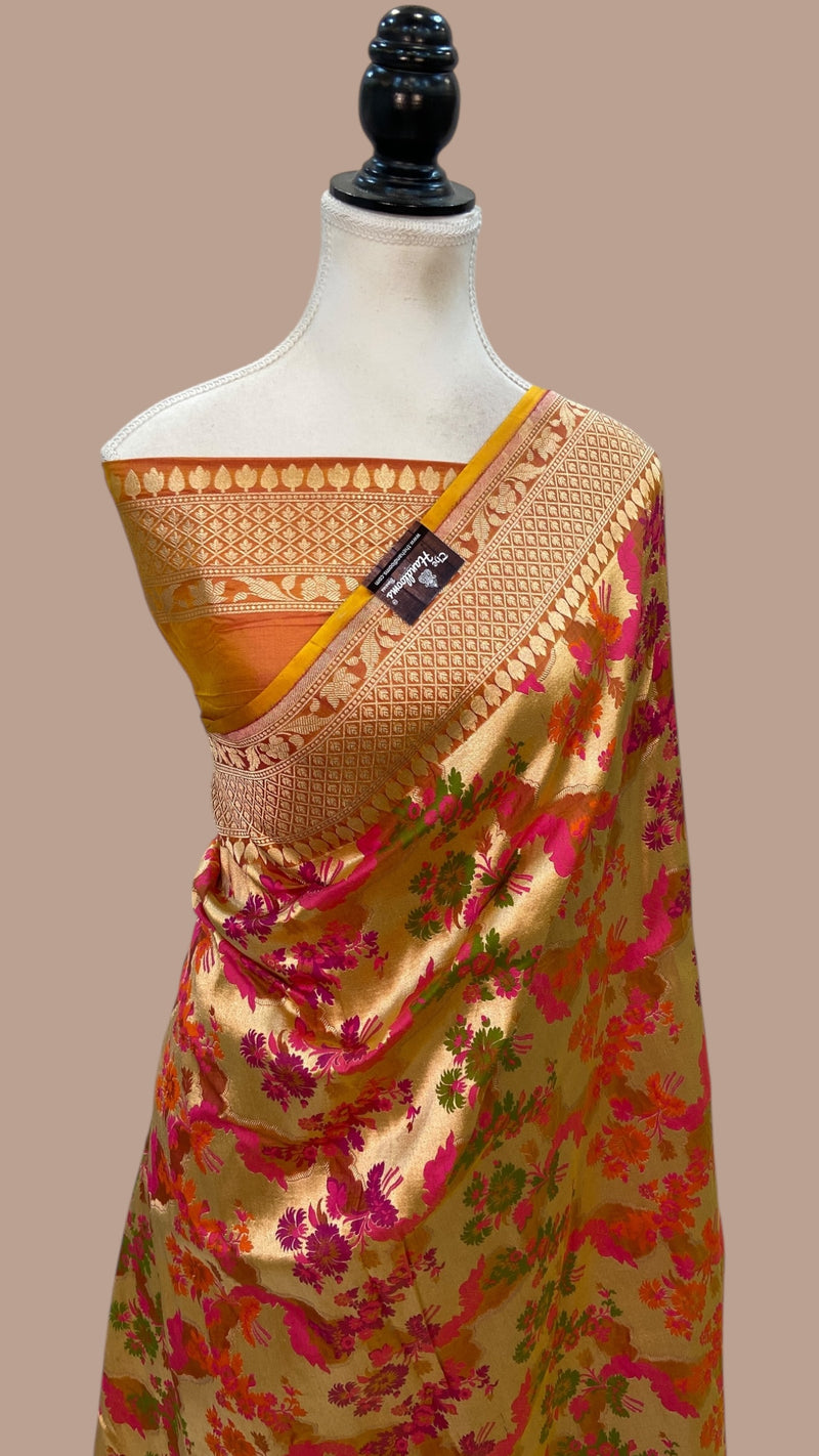 Regal Pure Katan Silk Banarasi Saree – Handwoven Tanchui Brocade with Meenakari Work - The Handlooms