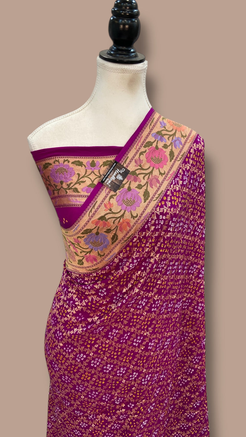 Pure Georgette Banarasi Bandhej Handloom Saree - Meenakari - The Handlooms