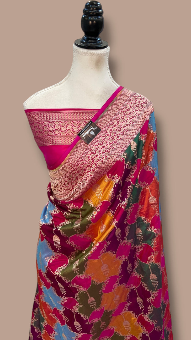 Multicolor Pure Katan Silk Banarasi Handloom Saree - All over Jaal Work With Rangkart - The Handlooms