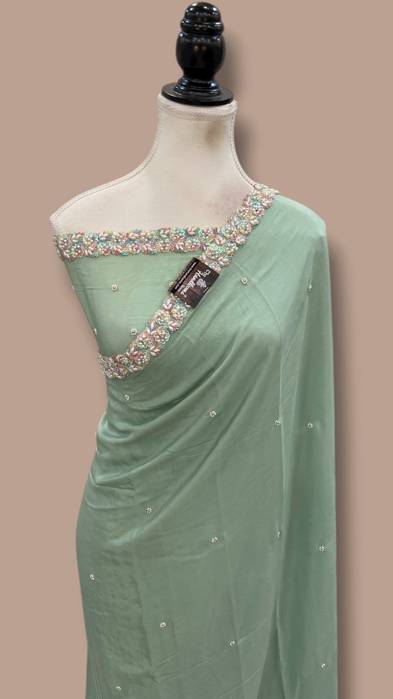 Pure Crepe Silk Handloom Banarasi Saree with Handwork - The Handlooms