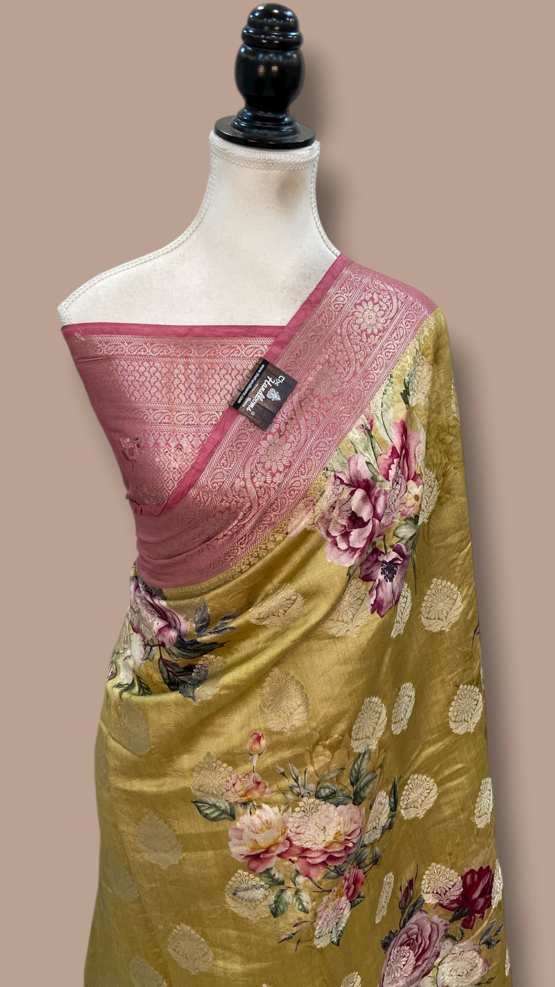 Pure Chiniya Silk Handloom Banarasi Saree Digital Print - The Handlooms