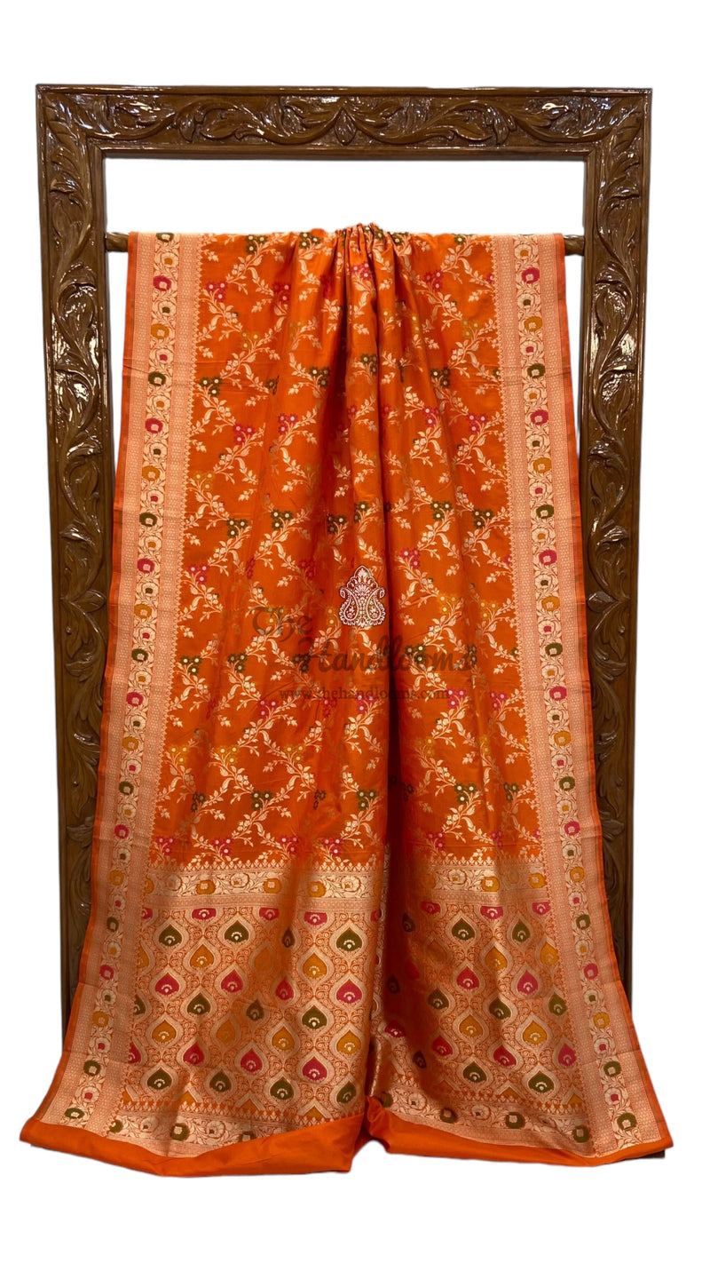 Orange Pure Katan Silk Banarasi Handloom Saree - All over Jaal work with Meenakari - The Handlooms