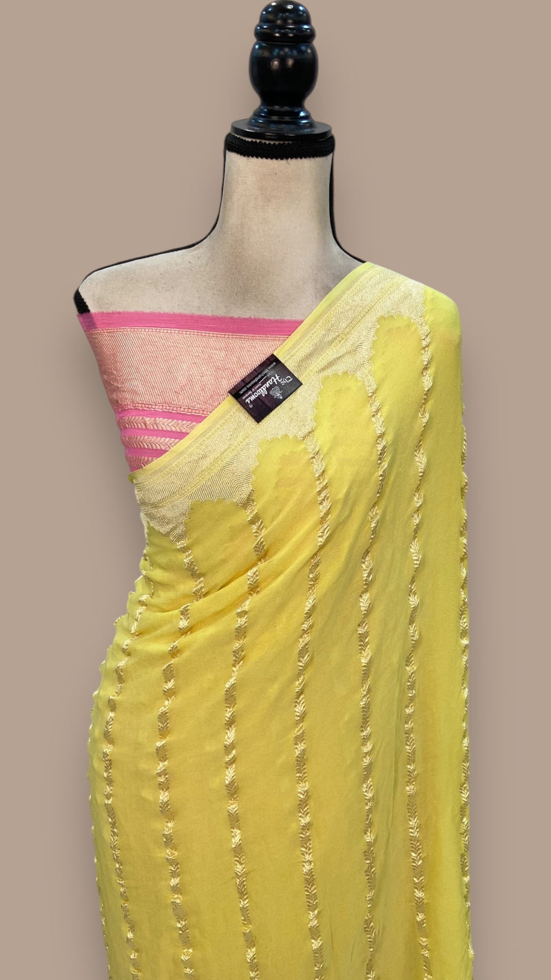 Yellow Pure Khaddi Georgette Handloom Banarasi Saree - The Handlooms
