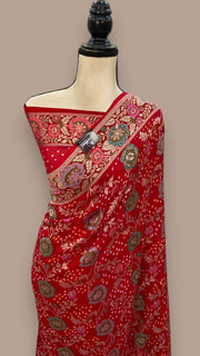 Pure Georgette Banarasi Bandhej Handloom Saree - with meenakari work - The Handlooms