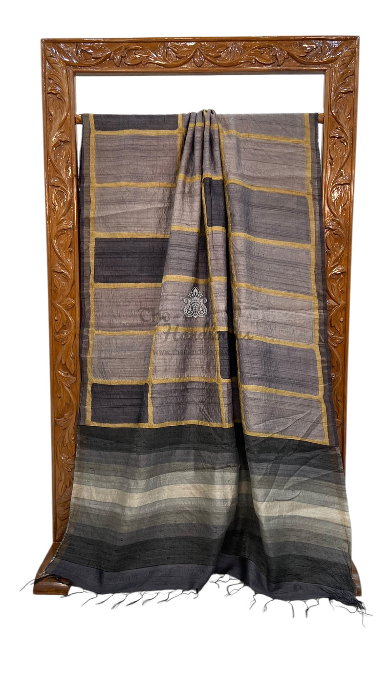 Pure Tussar Silk Handloom Banarasi Saree With Handprints - The Handlooms