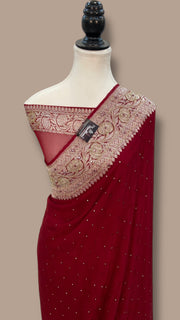 Maroon Pure Georgette Handloom Banarasi Saree with Handwork: Katdana, and Abla Detailing - The Handlooms