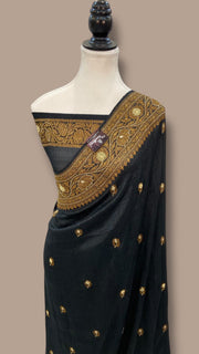 Pure Tussar Georgette Handloom Banarasi Saree with Handwork: Gota Patti, Zardozi, Diamond Chain, Katdana, and Abla Detailing - The Handlooms