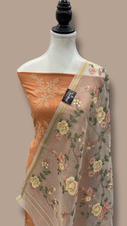 Pure Chanderi Cotton Banarasi Dress material - Chikankari With Organza Dupatta - The Handlooms