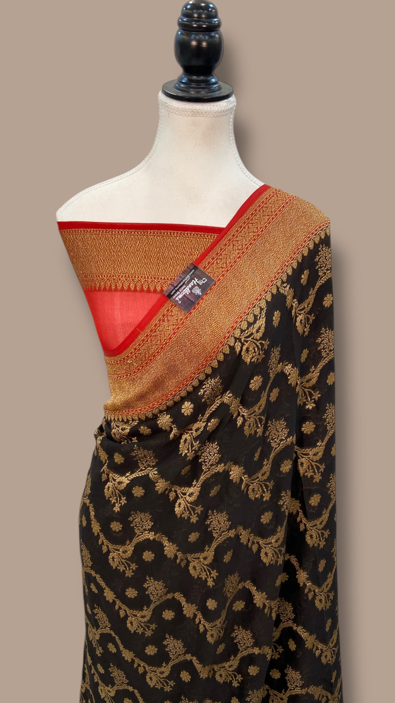 Khaddi Georgette Handloom Banarasi Saree - Antique Zari - The Handlooms