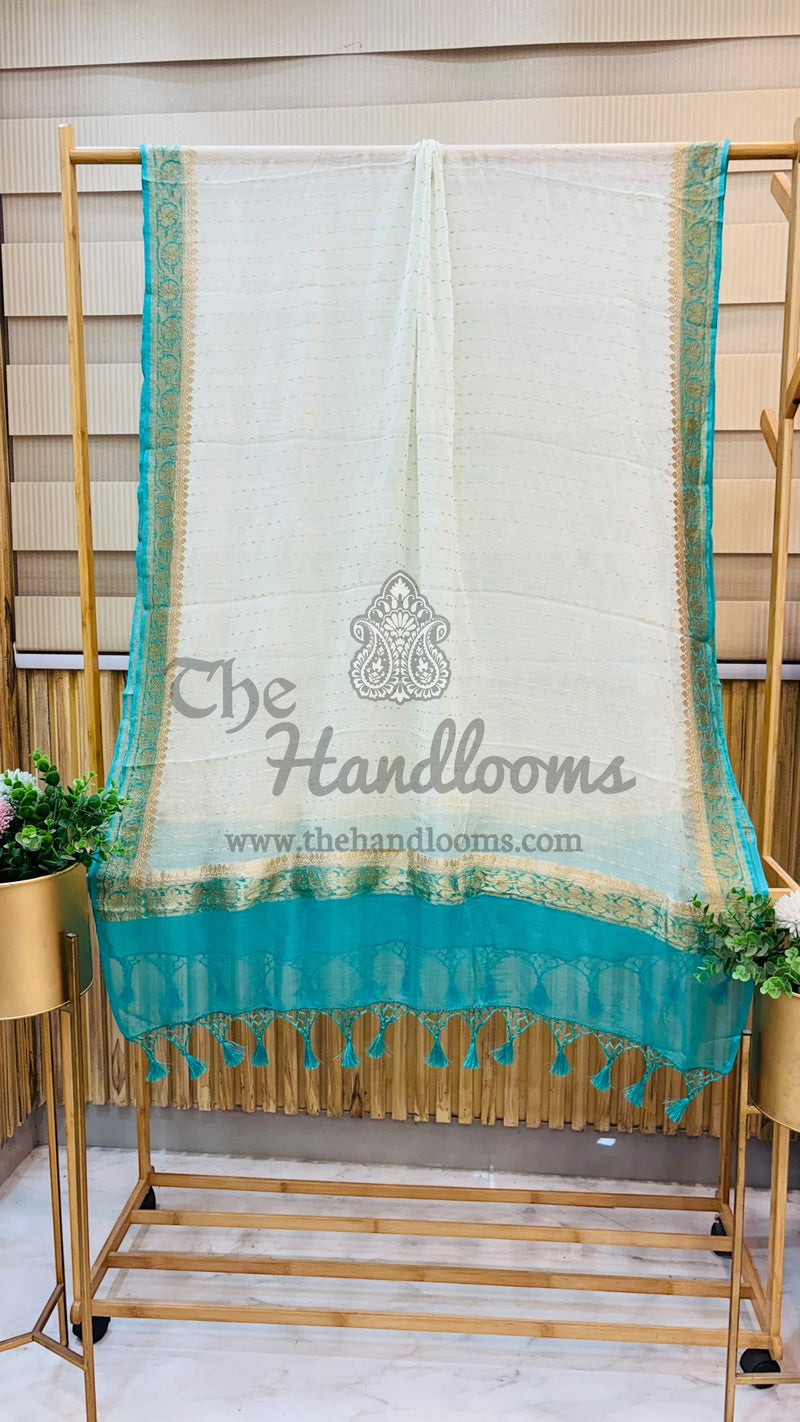 Pure Khaddi Georgette Dupatta - White gold zari - The Handlooms