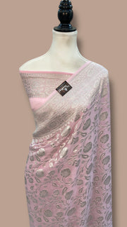 Pink Pure Khaddi Georgette Banarasi Saree With All Over Silver Zari Jaal Work - The Handlooms