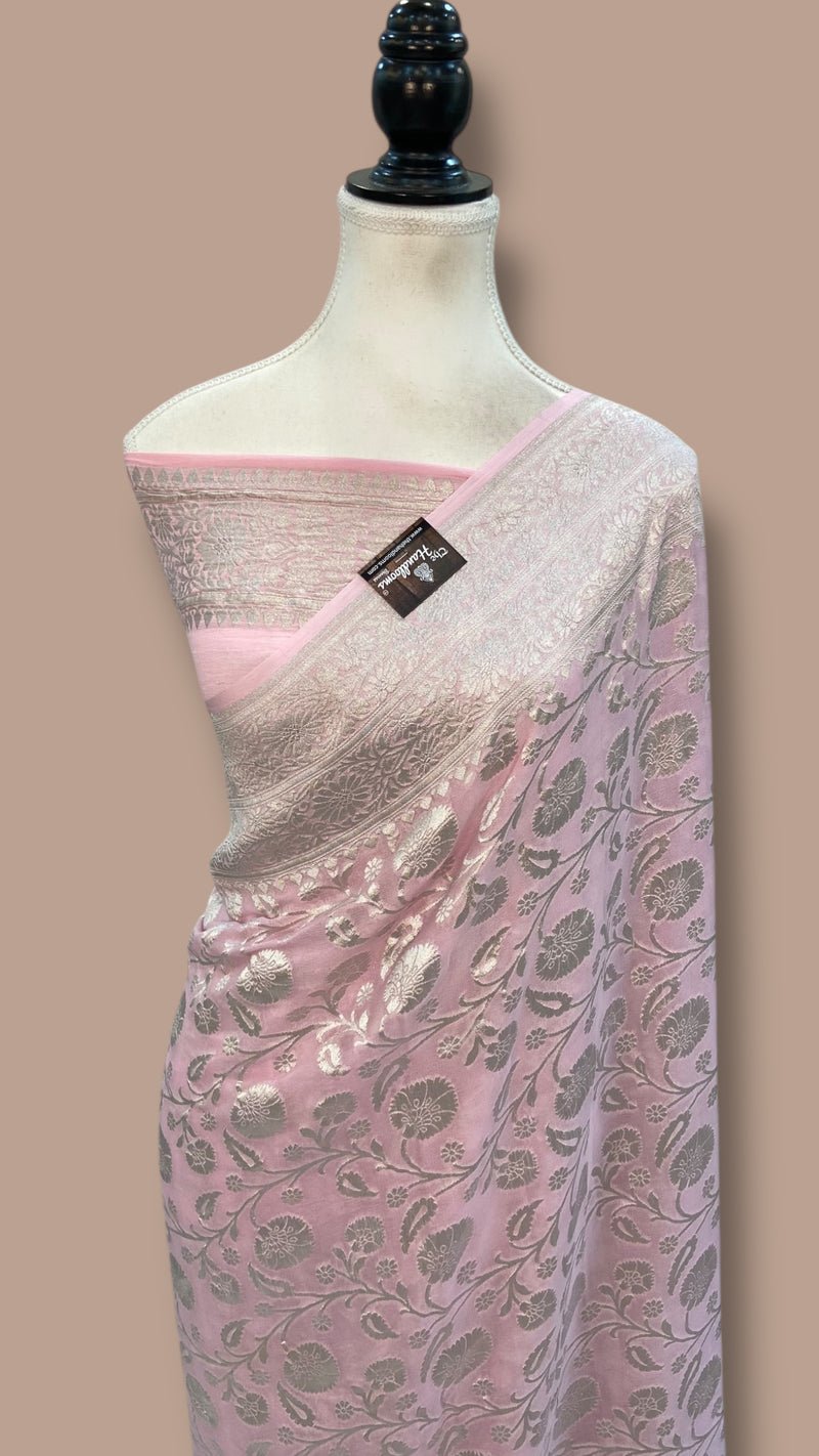 Pink Pure Khaddi Georgette Banarasi Saree With All Over Silver Zari Jaal Work - The Handlooms