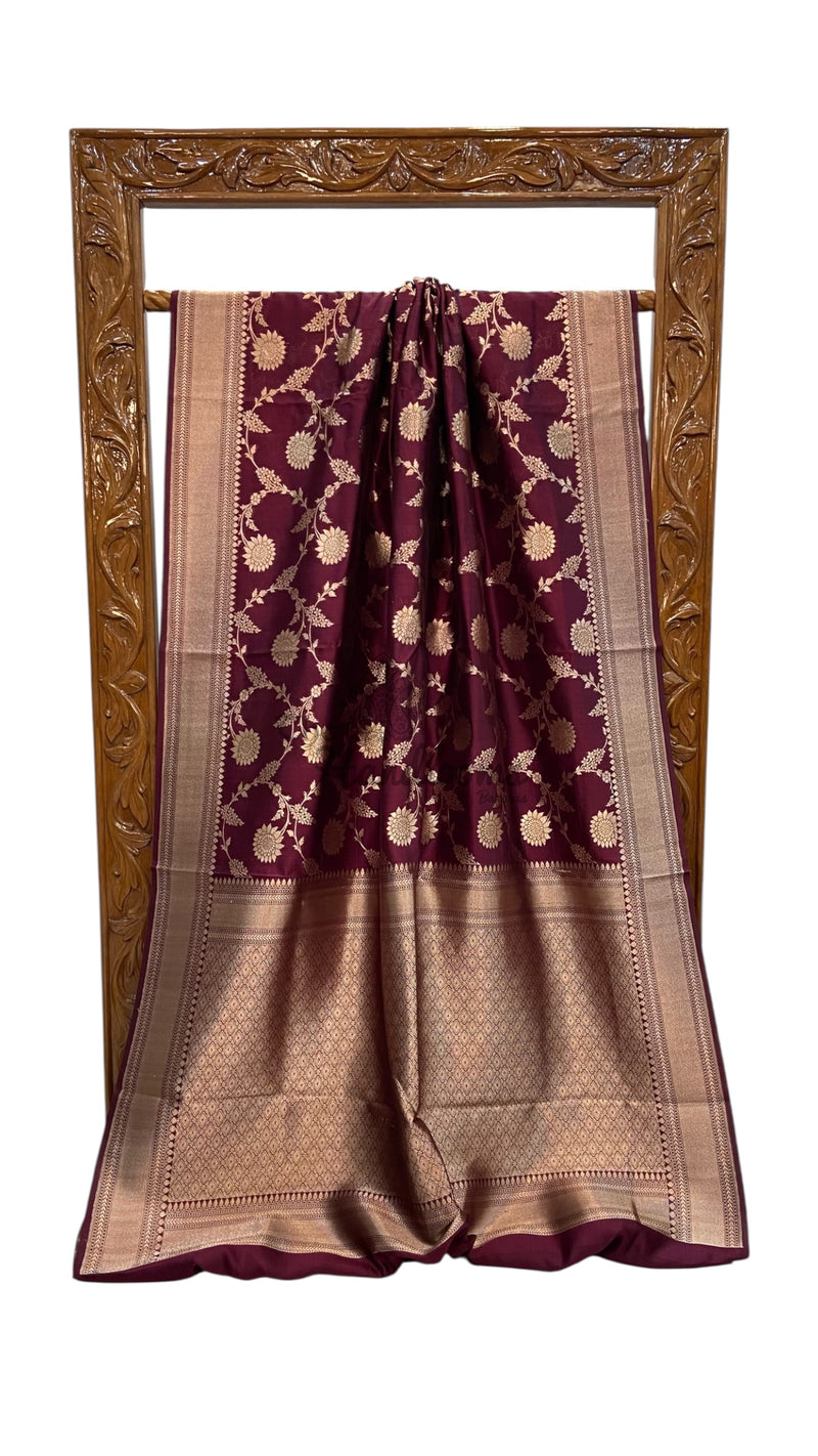 Wine Maroon Pure Chiniya Silk Khaddi Handloom Banarasi Saree - The Handlooms