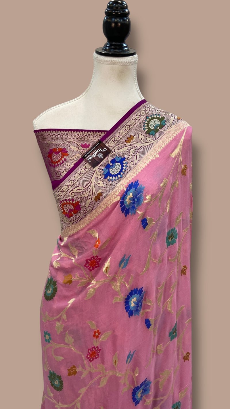 Pure Khaddi Georgette Handloom Banarasi Saree - All over Jaal Work With Meenakari - The Handlooms