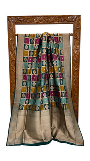 Multicolor Pure Katan Silk Banarasi Handloom Saree - All over Jaal Work With Rangkart - The Handlooms