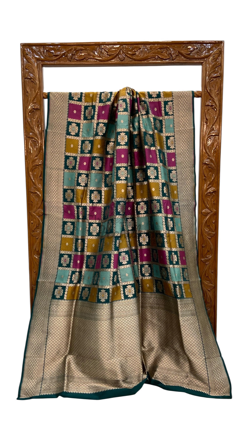 Multicolor Pure Katan Silk Banarasi Handloom Saree - All over Jaal Work With Rangkart - The Handlooms