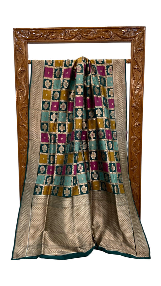 Multicolor Pure Katan Silk Banarasi Handloom Saree - All over Jaal Work With Rangkart - The Handlooms