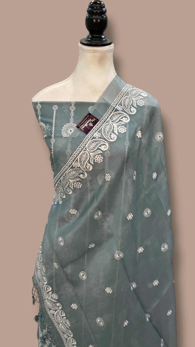 Pure Organza Chikankari Handloom Banarasi Dress Material - The Handlooms