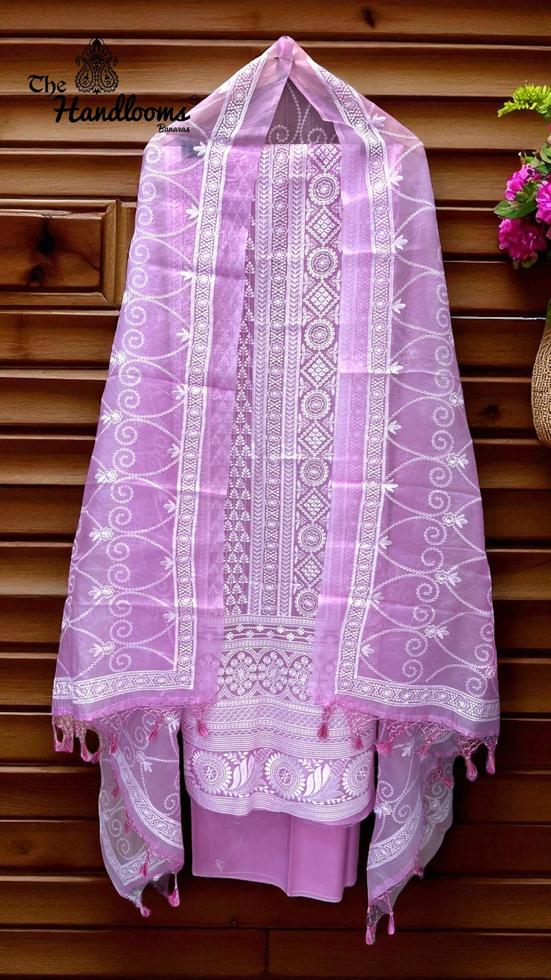 Pure Organza Chikankari Handloom Banarasi Dress Material - The Handlooms
