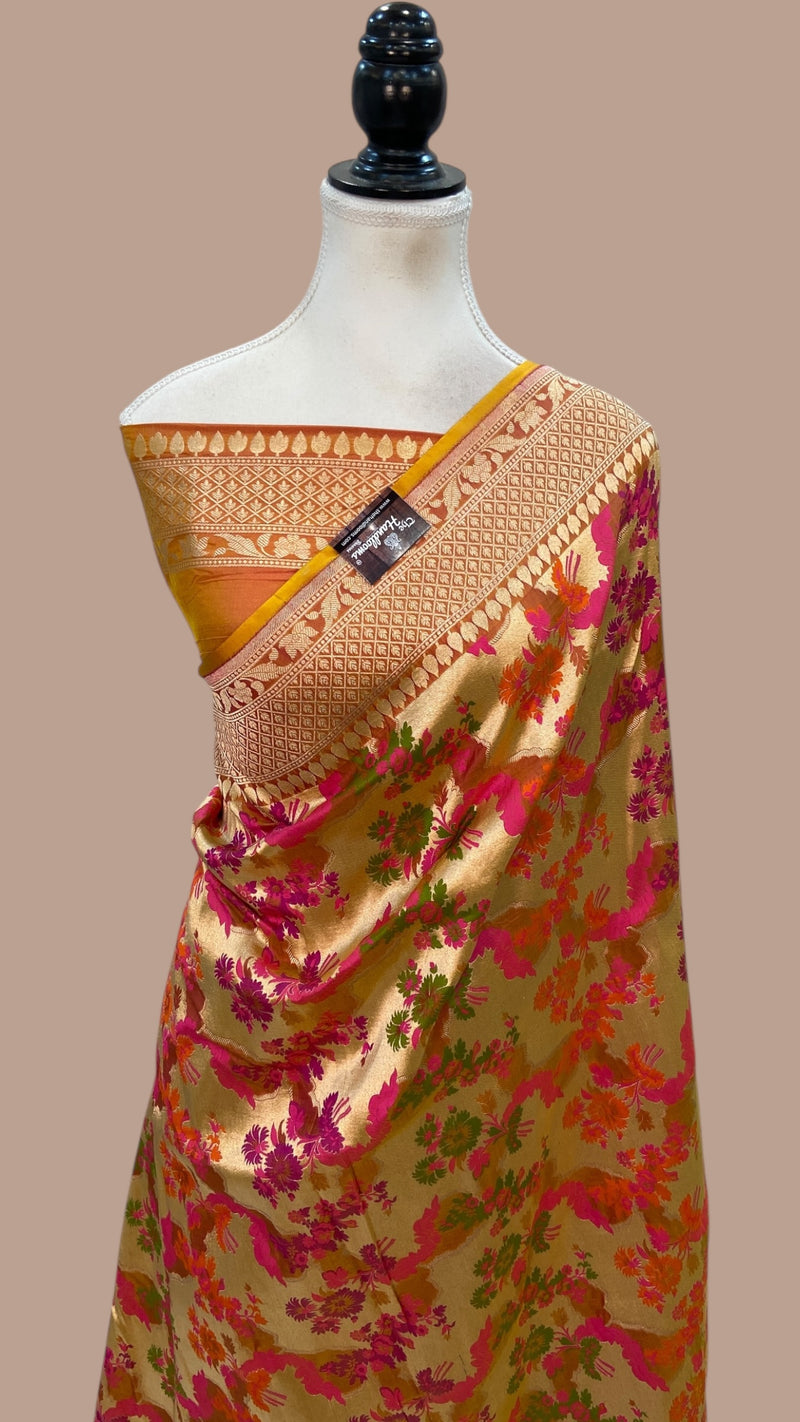 Regal Pure Katan Silk Banarasi Saree – Handwoven Tanchui Brocade with Meenakari Work - The Handlooms