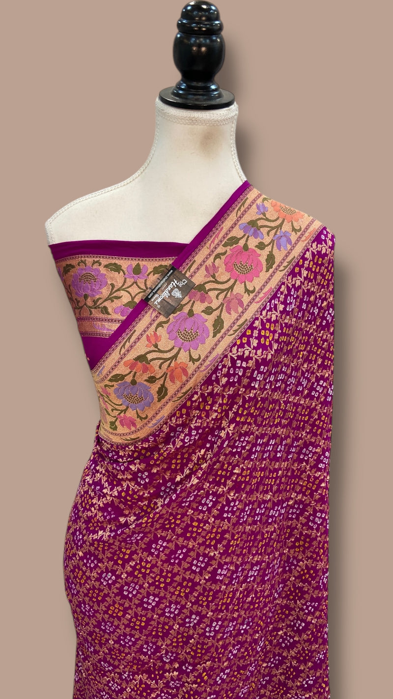 Pure Georgette Banarasi Bandhej Handloom Saree - Meenakari - The Handlooms