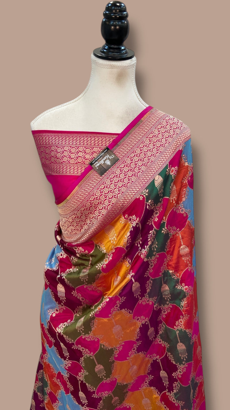 Multicolor Pure Katan Silk Banarasi Handloom Saree - All over Jaal Work With Rangkart - The Handlooms