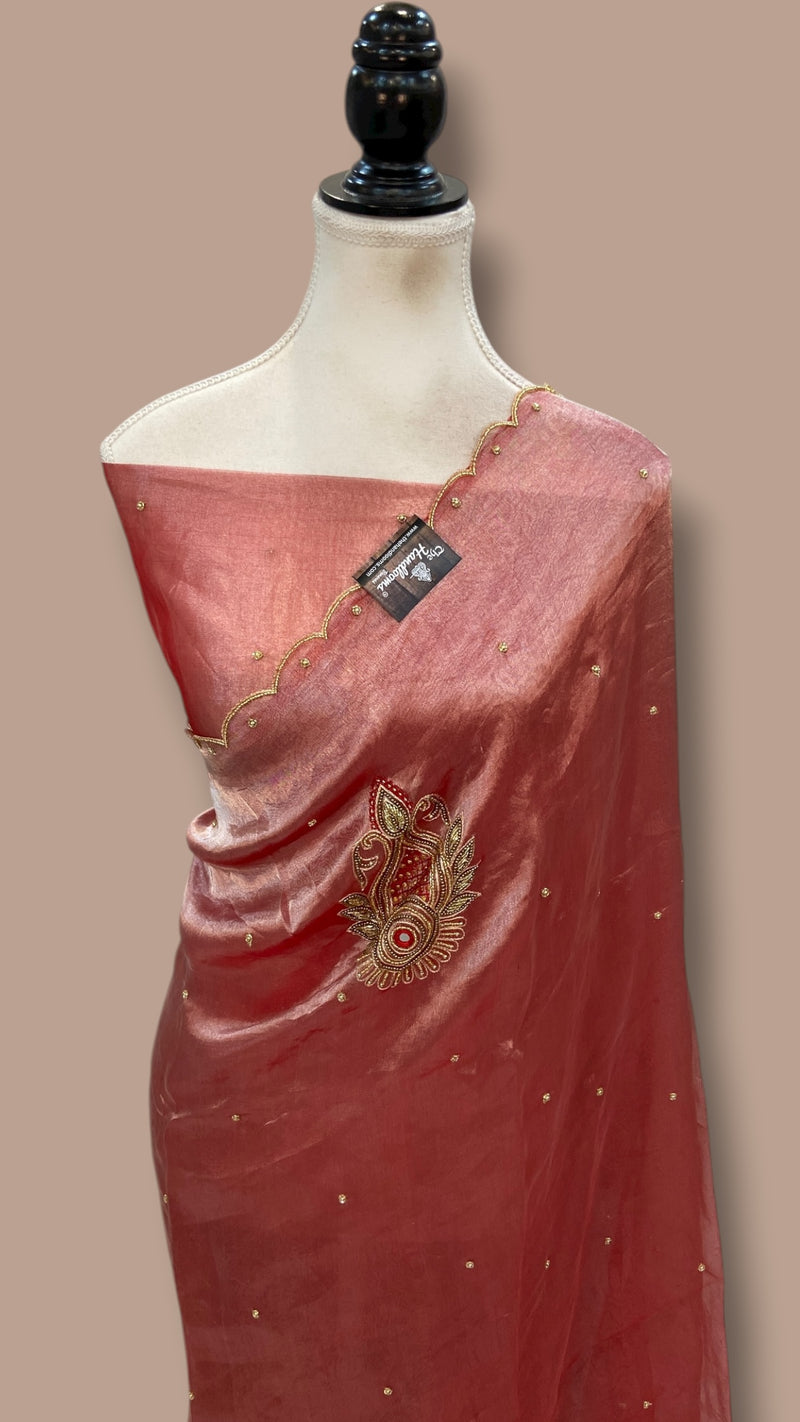 Pure Kora Silver Tissue Banarasi Saree with Handcrafted Boota, Moti, Mirror & Katdana Cutwork - The Handlooms