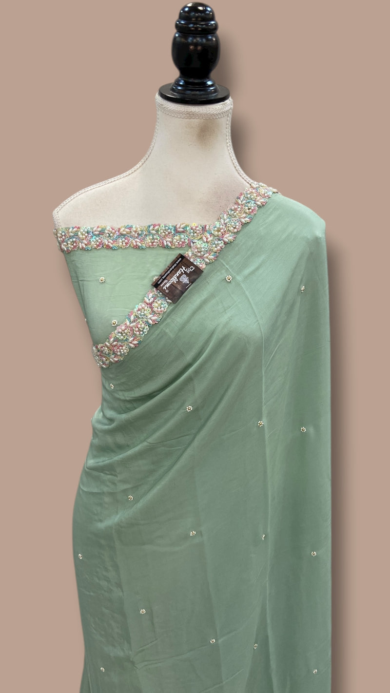Pure Crepe Silk Handloom Banarasi Saree with Handwork - The Handlooms
