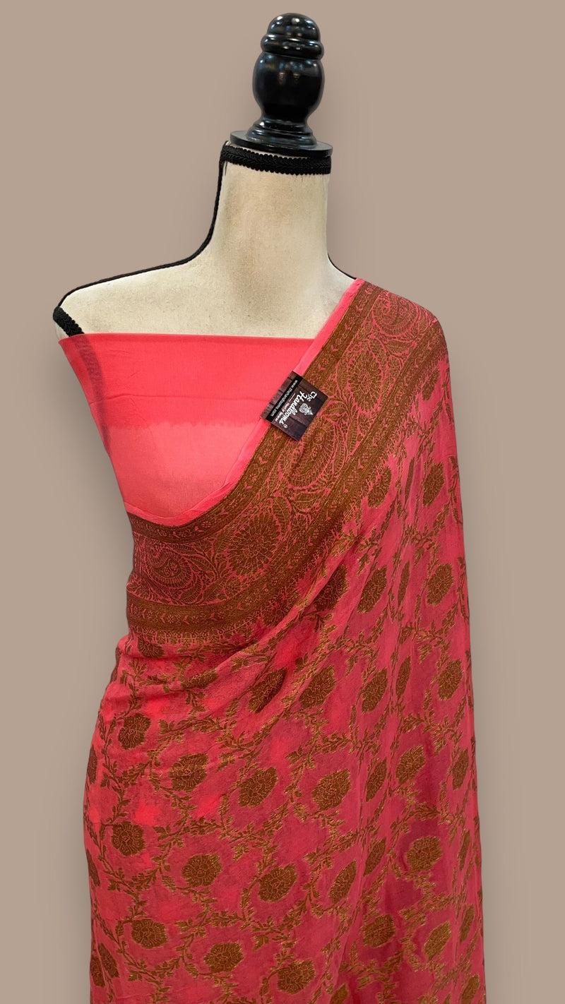 Strawberry Pure Chiffon Khaddi Banarasi Saree - The Handlooms