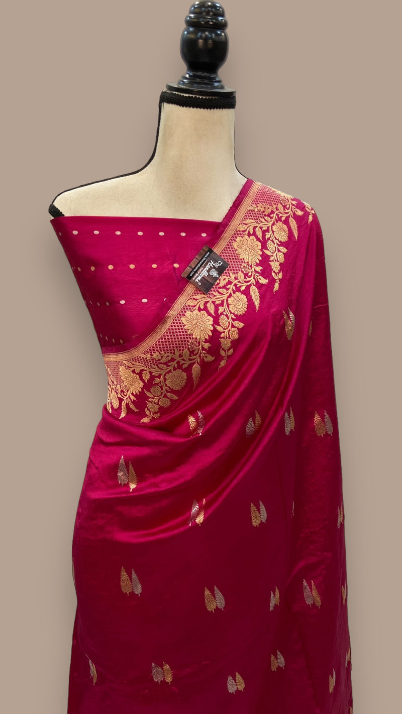 Dark Pink Pure Katan Silk Banarasi Handloom Saree - All over Kadua motifs - The Handlooms