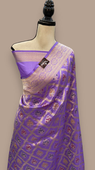 Lavender Pure Katan Silk Banarasi Handloom Saree - All over Jaal work - With Meenakari