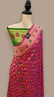 Pure Georgette Banarasi Bandhej Handloom Saree - with meenakari work - The Handlooms