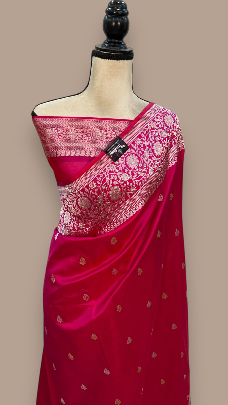 Hot Pink Pure Katan Silk Banarasi Handloom Saree - All over Kadua motifs - The Handlooms