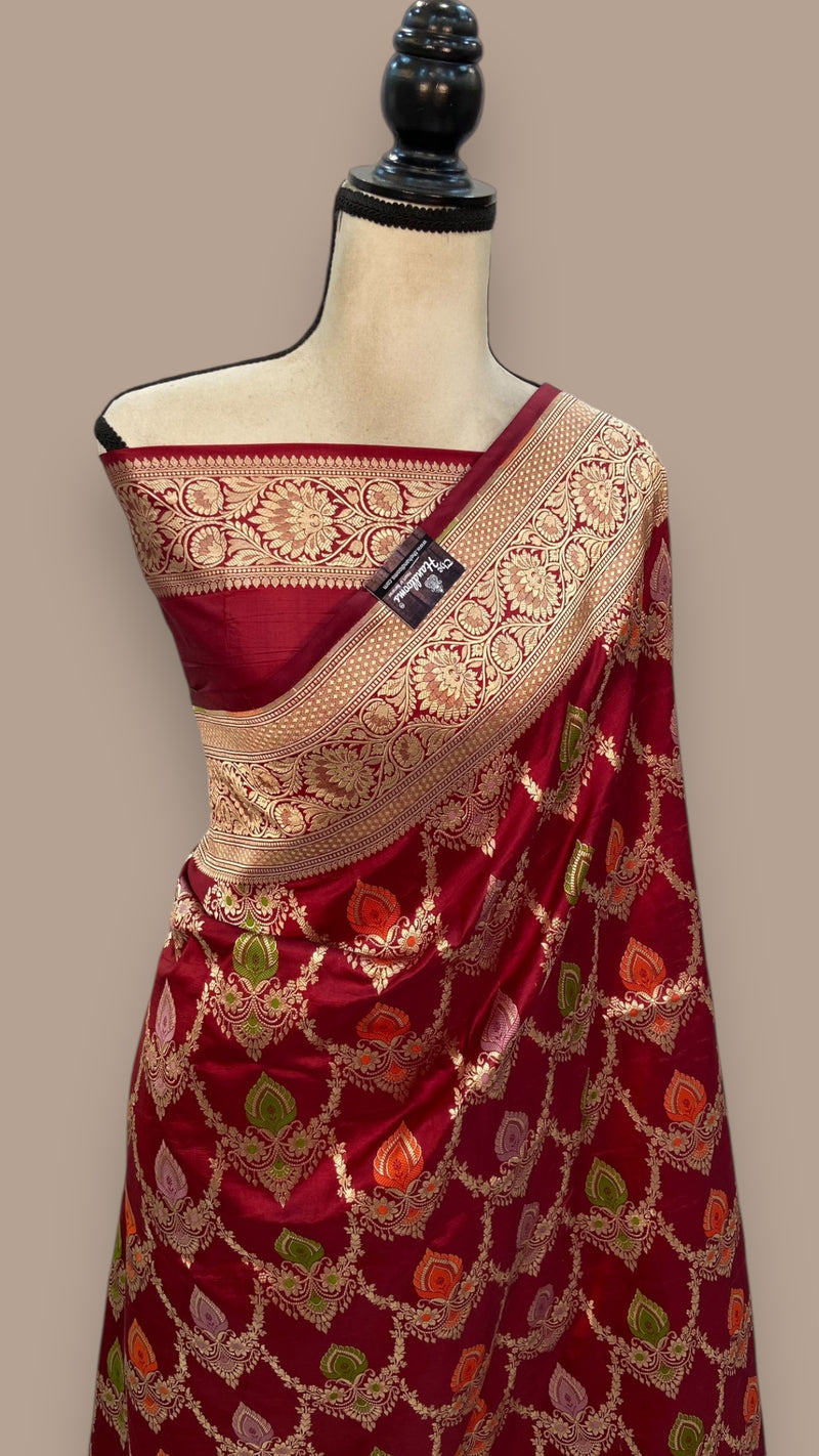 Maroon Pure Katan Silk Banarasi Handloom Saree - All over Jaal work - With Meenakari - The Handlooms